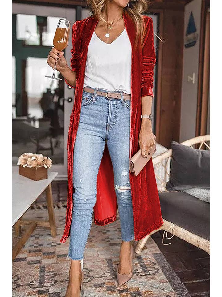 PRETTY BASH - Wholesale Cardigan - Women's - Velvet Open Front Pocketed Duster