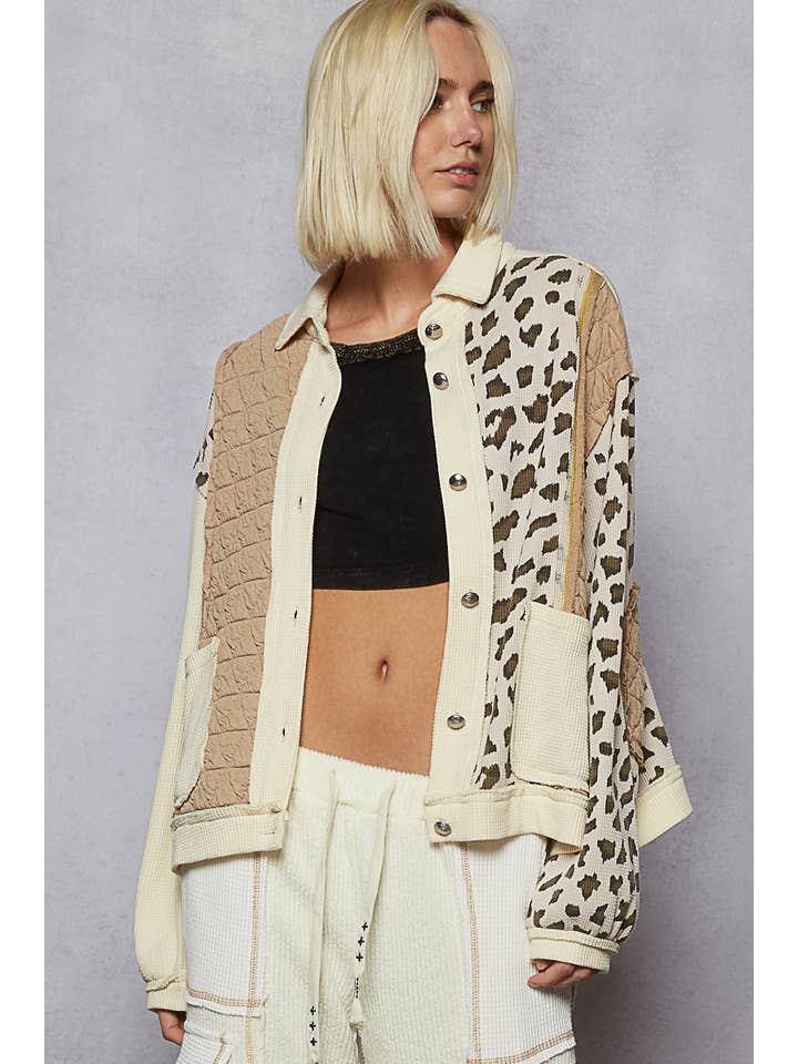 Pol Clothing - Wholesale Jacket - Women's - Floral Animal Print Contrast Color Block Quilted Jacket SALE12