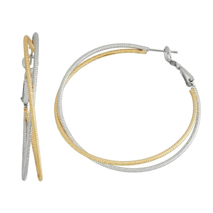 Guld & Silver pläterad 2 rad 50mm Dia Cut ribbad Hoop-örhängen för wholesale av Luxe on Main LLC