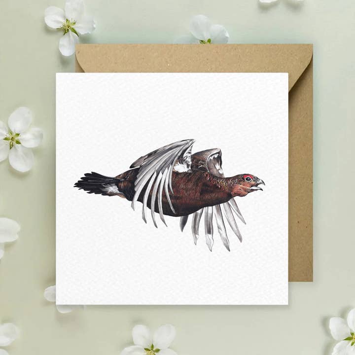 "Flying Red Grouse" Square Greeting Card for wholesale by Kimberley Dewhurst Art