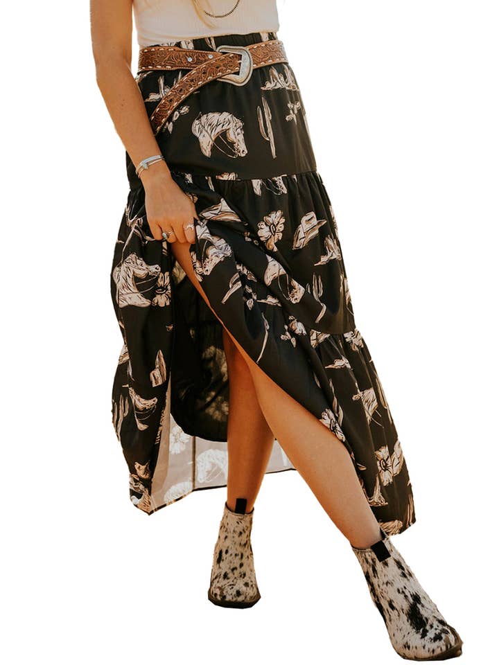 Black Western Ruffle Tiered Maxi Skirt for wholesale on Faire