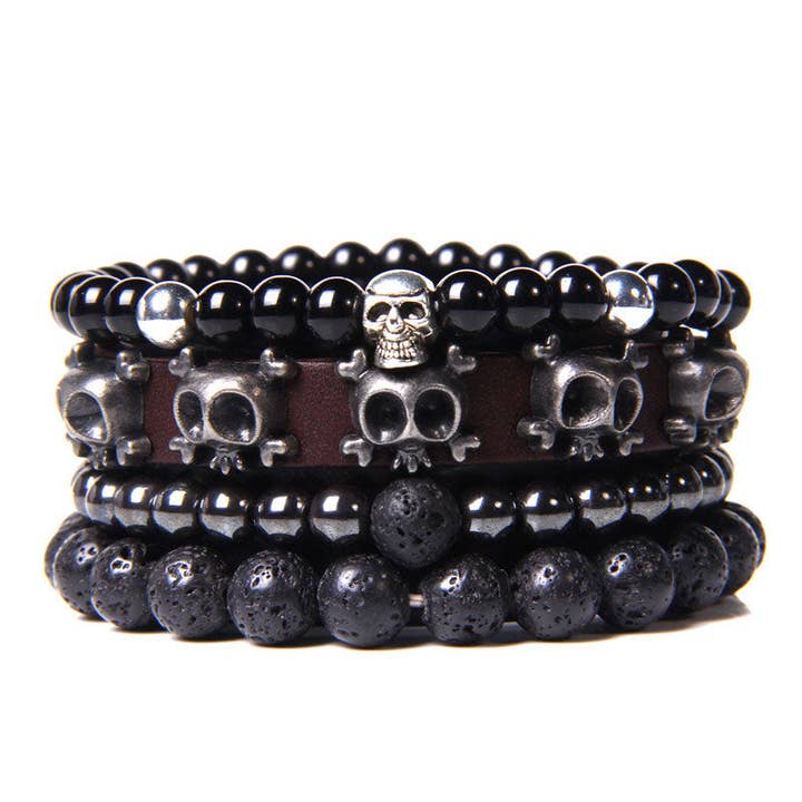 Lava Stone Skull Charm Men's Bracelet Set for wholesale by Tourtiwi