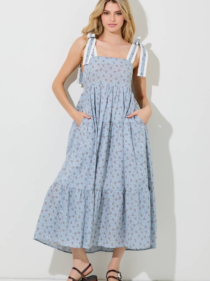 Blommig gingham midiklänning med knytband för wholesale av Baevely by Wellmade USA