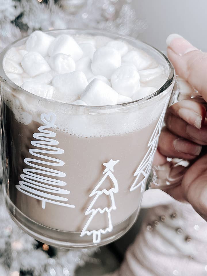Christmas Tree Clear Glass Mug, Holiday Glass Mug, Boho tree for wholesale by Designs by Jessi Rose
