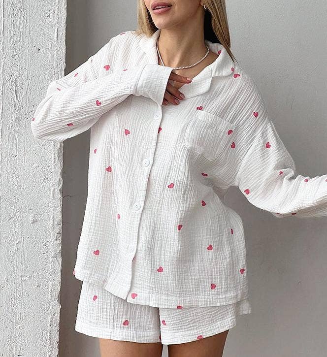 Rosa Clothing - Wholesale Lounge Set - Women's - Valentine's Day heart print shorts loungewear set