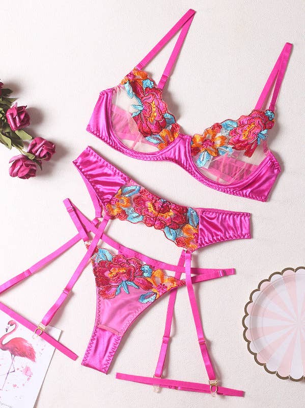 Ladies Floral Embroidery Lingerie Set with Garter Belt R1154 for wholesale by Sweetkama