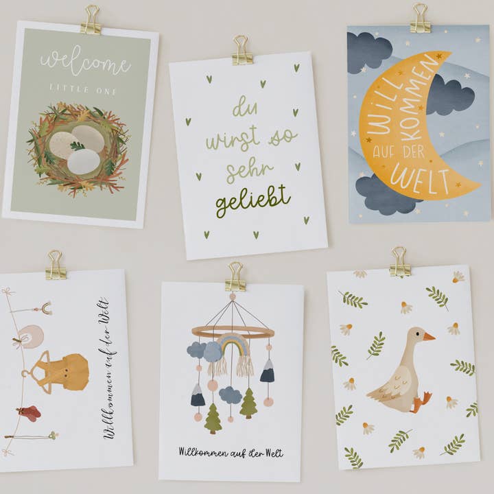 Tilda&Theo - Vendita all'ingrosso Biglietto di auguri per la nascita - Set di 6 cartoline per la nascita del bebè «in bundle», colore neutro