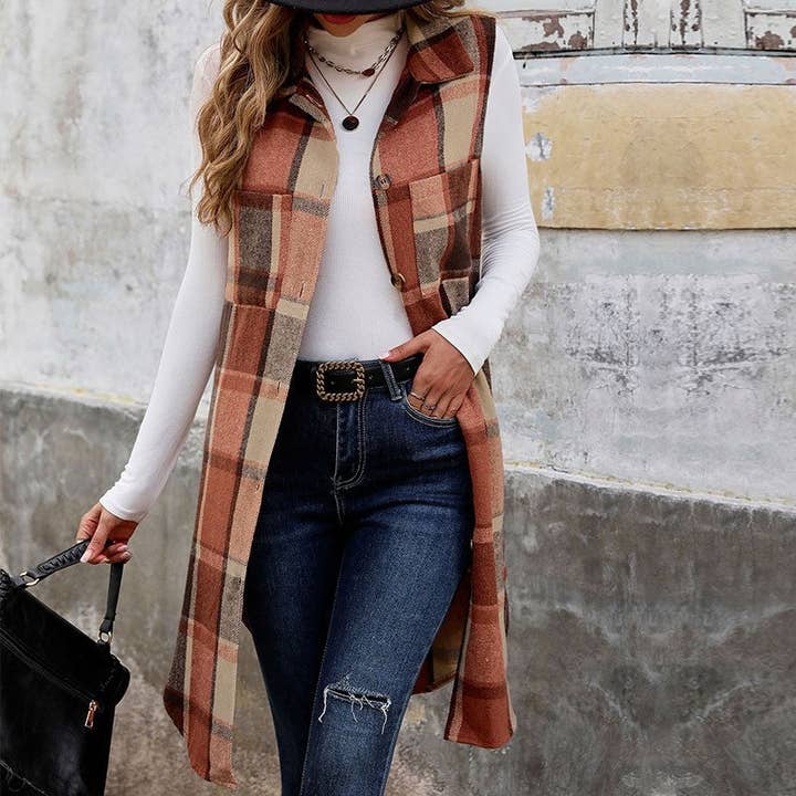 Sheer Trend - Wholesale Outerwear Vest - Women's - Sleeveless Plaid Vest With Lapel2