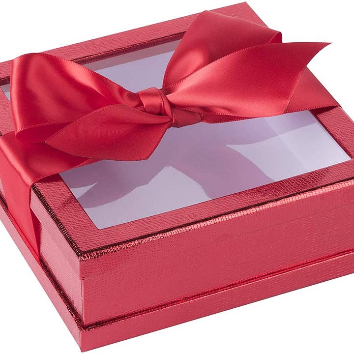 Clear Window Gift Boxes 3 Pack With Ribbon Red 6" X 6" X 2" for wholesale by Hammont