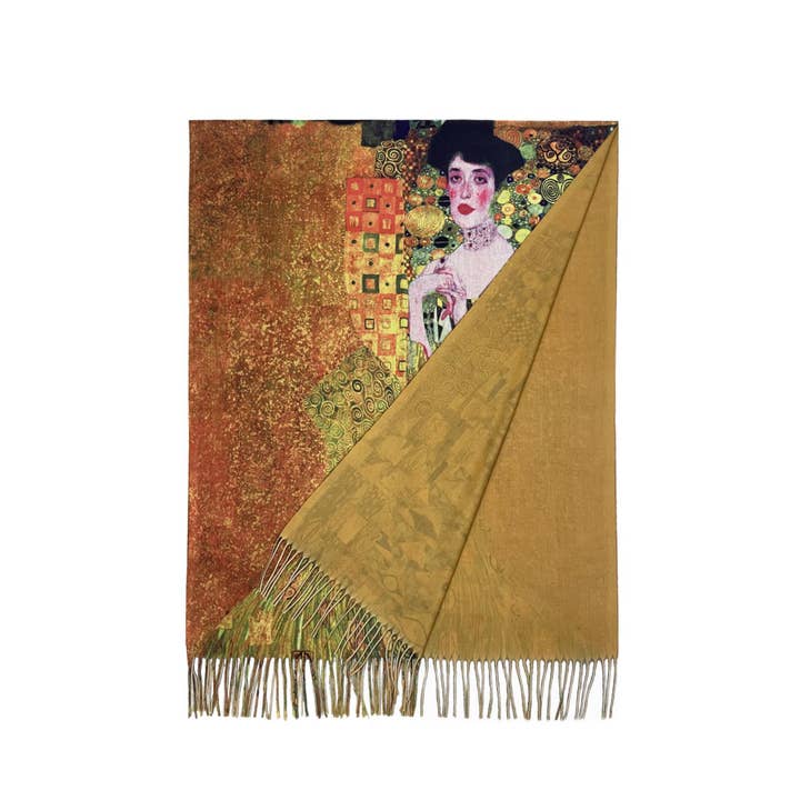 Fashion Scarf World – wholesale Scarf – Women's – Klimt 'Portrait Of Adele' Print Wool Tassel Scarf6