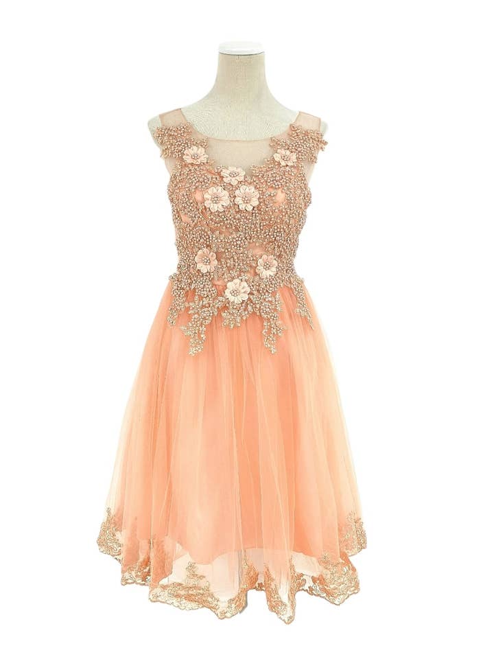 Vestido de cóctel corto sin mangas de tul de encaje salmón para venta al por mayor de Les Voiliers