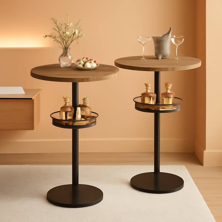 Rustic Brown Black Round Industria lBar Table Set Two With Integrated LED Illumination for wholesale on Faire