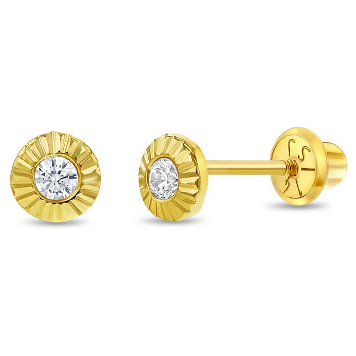 14k Gold Radiant Setting CZ Baby / Toddler / Kids Earrings for wholesale by In Season Jewelry