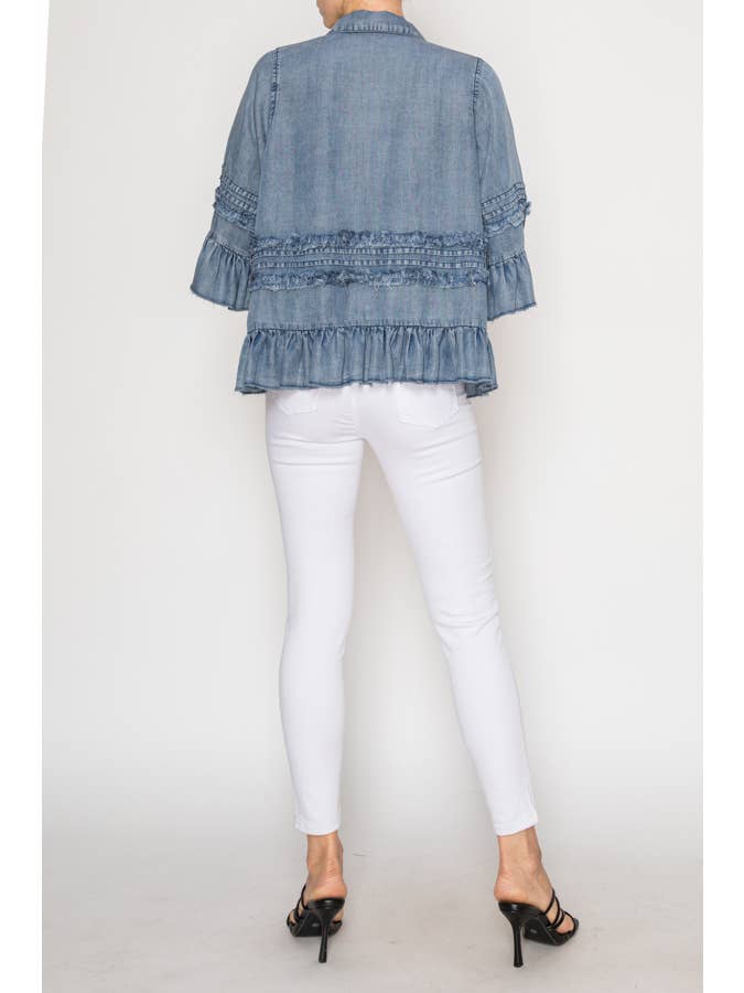 SW DENIM Lightweight Chambray Ruffle Detailed Jacket -OLS-4898SWDENIM for wholesale on Faire3
