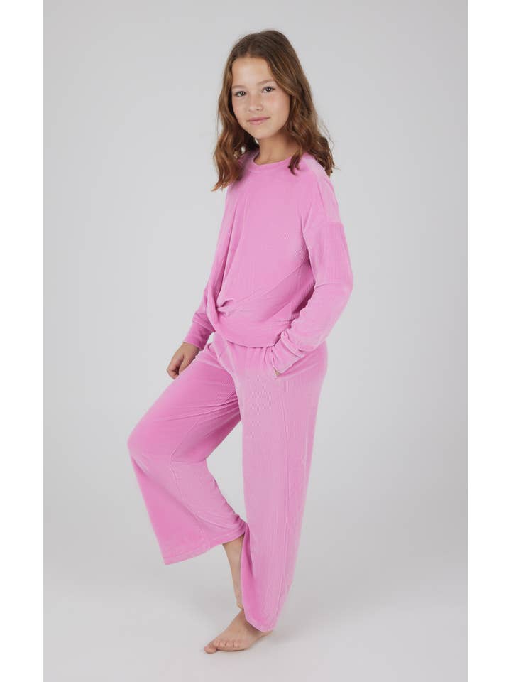 90 Degree by Reflex & Yogalicious - Wholesale Top & Pant Set - Kids - Girls Rib Velour Front Twist Sweatshirt and Wide Leg Pant 5