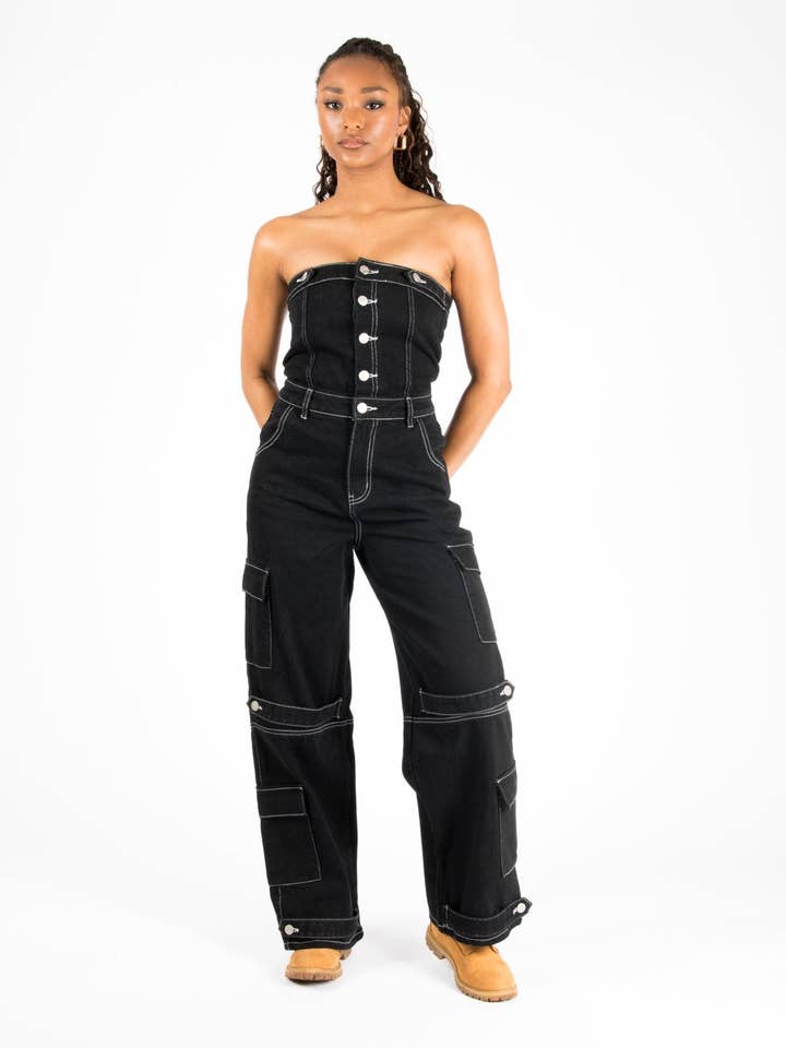 Bandeau Black Denim Contrast Stitch Jumpsuit for wholesale by LIQUOR N POKER