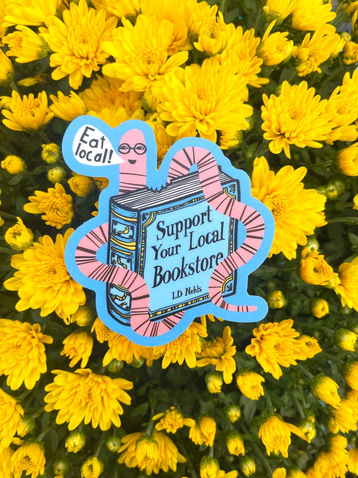"Eat Local" Bookworm Sticker for wholesale by LD Nehls