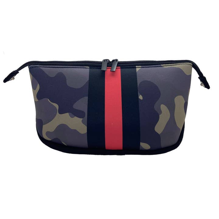 Cthru Purses – Großhandel Schmink-/Kosmetiktasche – Neopren-Kosmetik-/Reisetasche Green Camo & Schwarz/Rot/Schwarzer Streifen