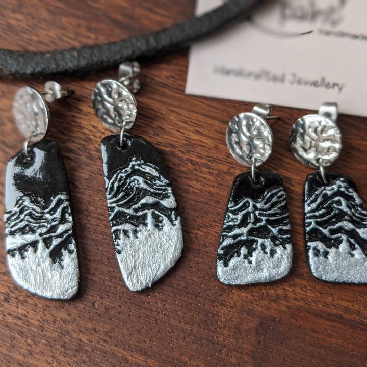 Mountain earrings, silver mountain peaks clay earrings for wholesale by With Clay & Paint