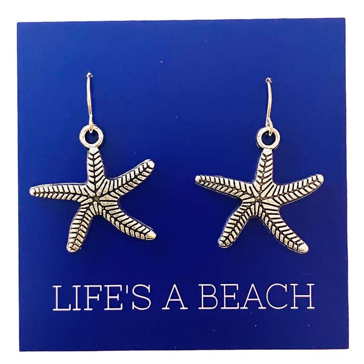 Silver Starfish Dangle Earrings on "Life's a Beach" Card for wholesale by Broken Record Boutique