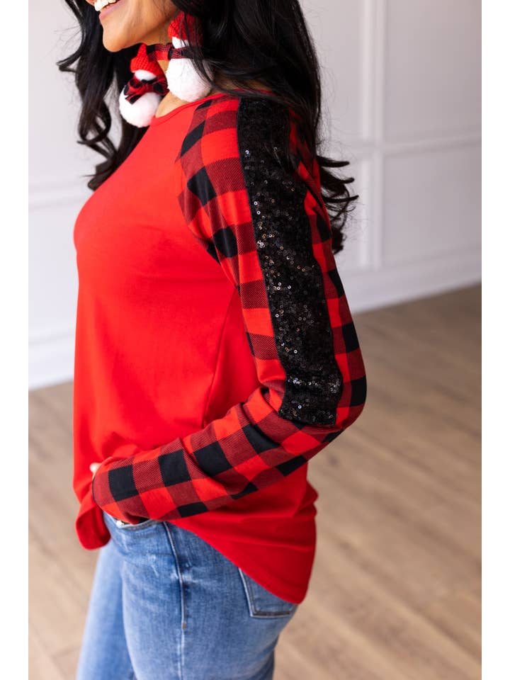 Red Top with Buffalo Plaid Raglan Sleeves for wholesale on Faire