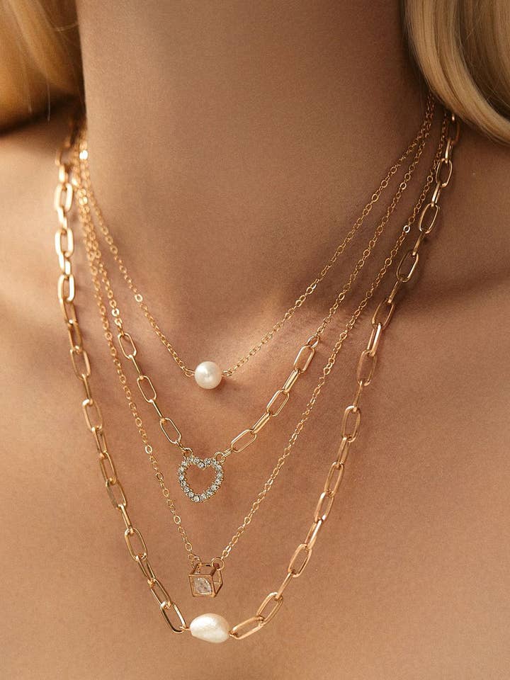 4pcs Pearl Cube Heart Pendant Plated Necklace Set for wholesale by 1 the Woman