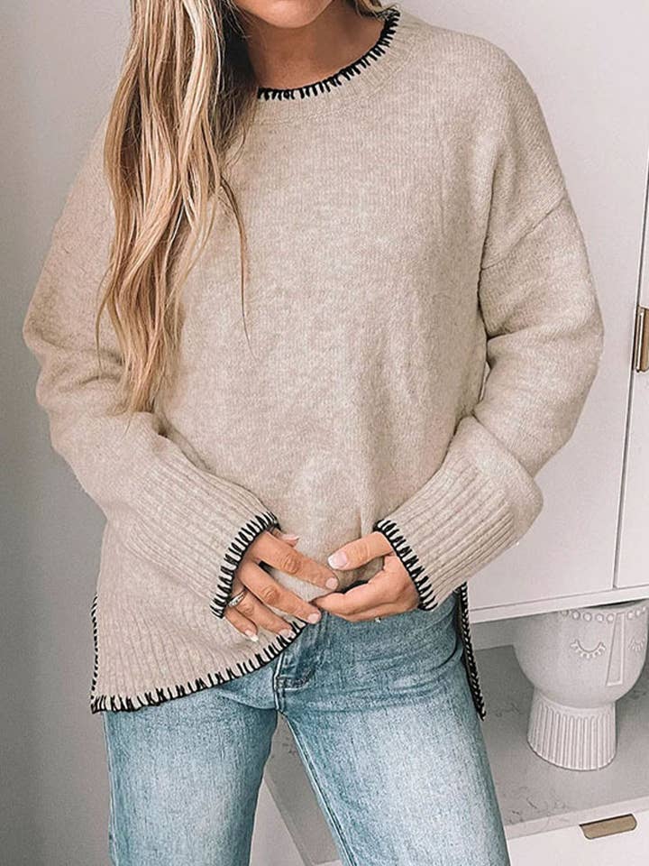 Lily Clothing - Wholesale Knit Sweater - Women's - Solid color sweater with pullover trim crew neck1