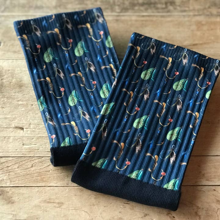 Fly Fishing Crew Socks (Navy Blue) for wholesale by Simply Me • Gentlemen Est. 2017 LLC