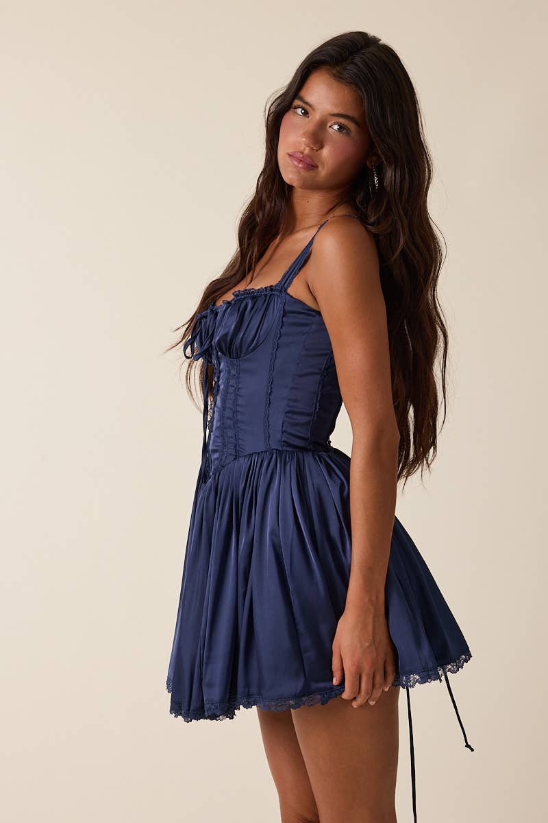 Sky to Moon - Wholesale Dress - Women's - SATIN CORSET SHAPE LACE TRIM FLARE MINI DRESS9