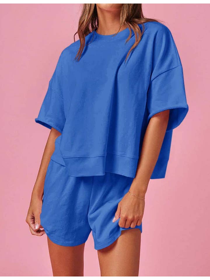 Sweetkama - Wholesale Lounge Set - Women's - Ladies Solid Color Round Neck Short Sleeves Top & Shorts 2PCS Set2