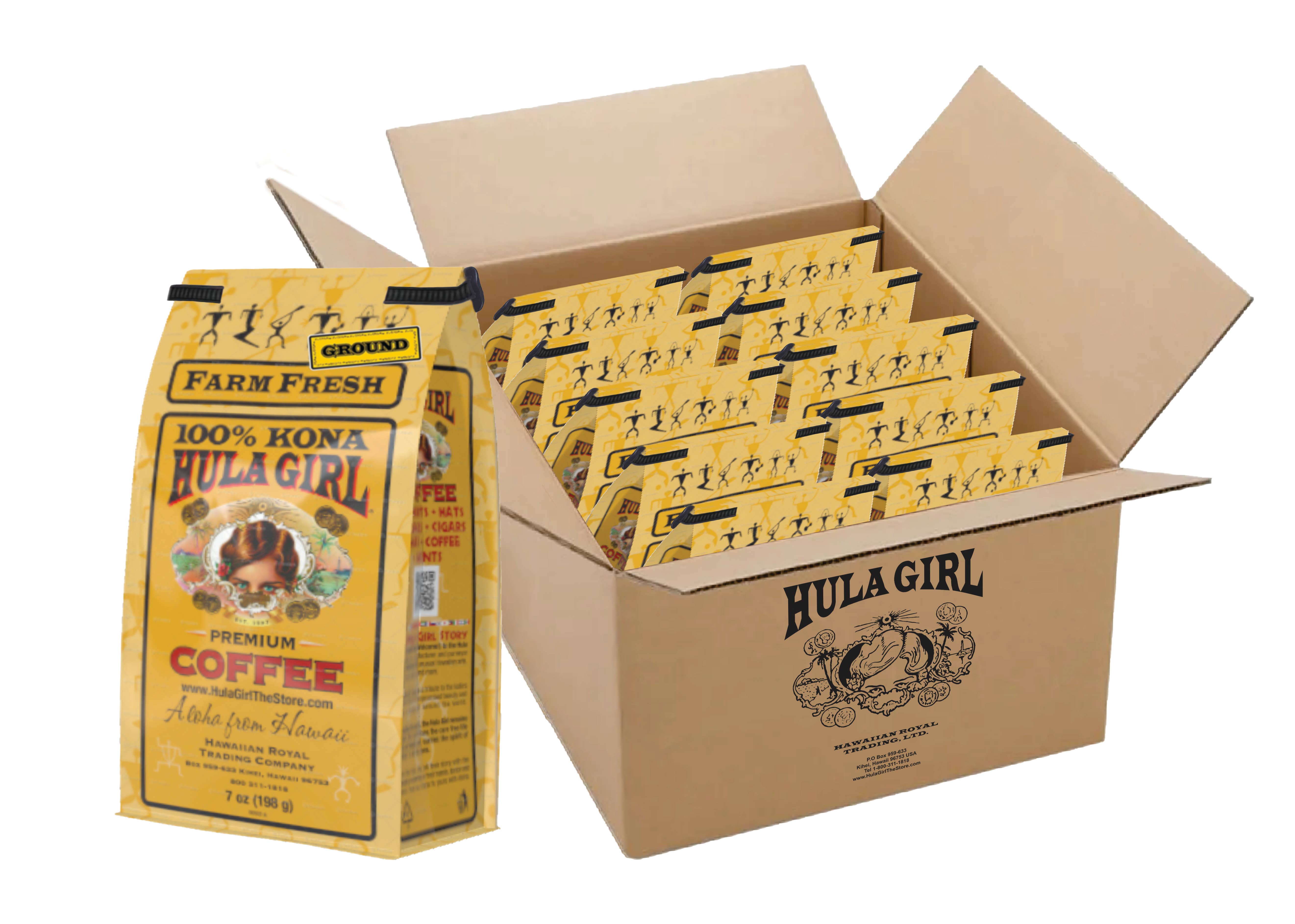 Hula Girl Products - Wholesale Coffee Beans - Hula Girl 100% Kona Coffee 7oz(198g) – Box of 6/10/20 Bags4