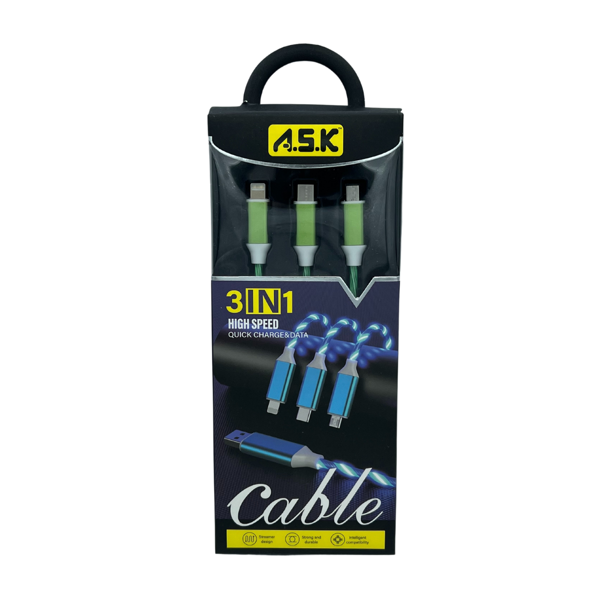 K & S WHOLESALE INC - Wholesale Charging Cable - A.S.K LED 3 in 1 Charging Cable with Multiport Device 48 CT4