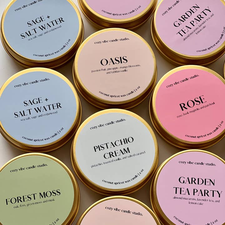 SUMMER CANDLES | 2oz Gold Tins for wholesale by Cozyvibecandlestudio