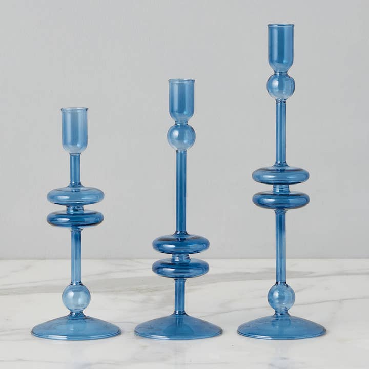 etúHOME - Wholesale Candle Holder - Glass Candlestick Pair, Medium, Sapphire Blue2