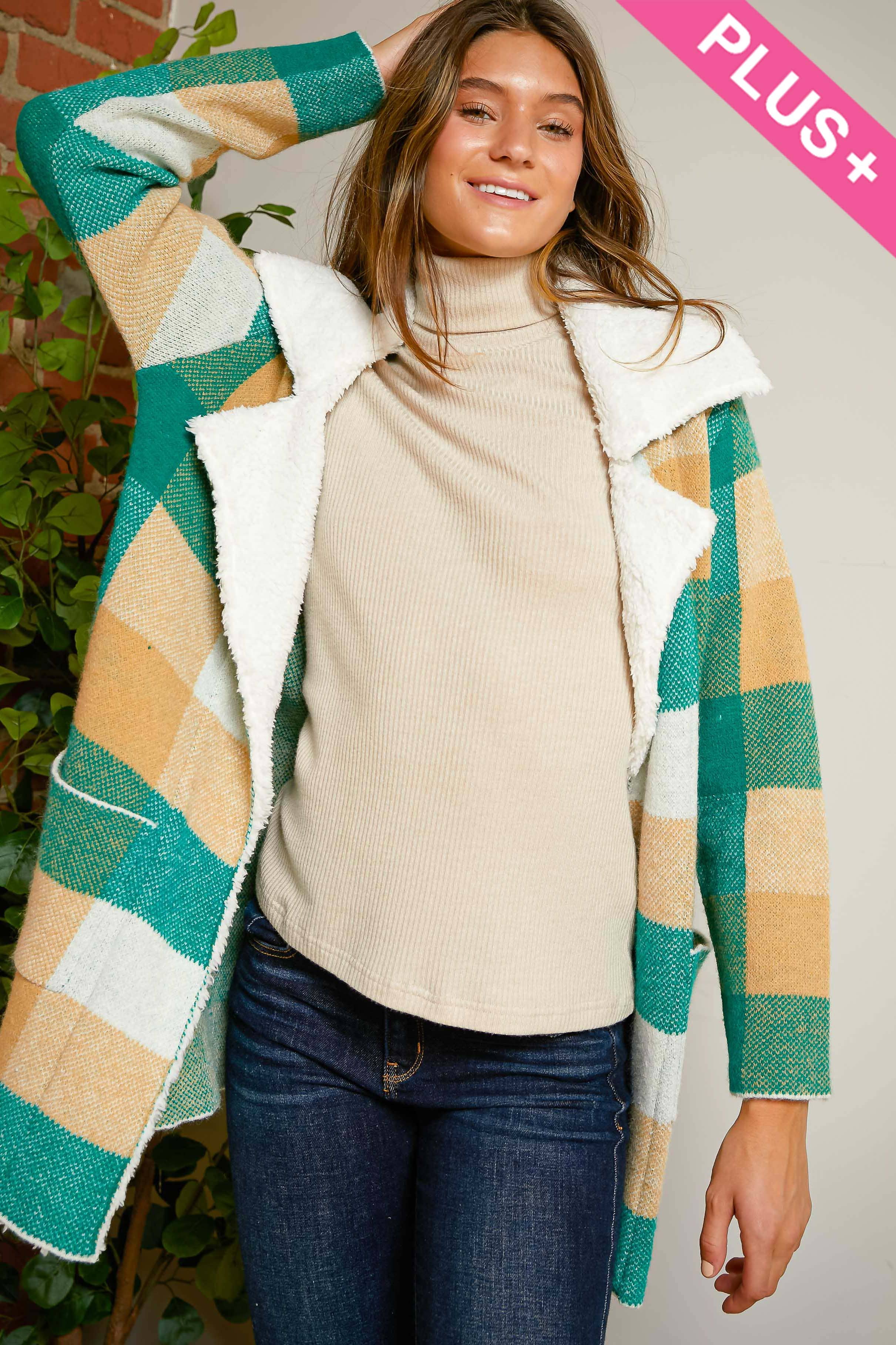 Green Multi PLUS CHECKER FAUX FUR COLLAR JACKET for wholesale on Faire0