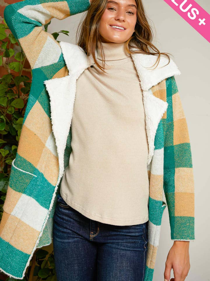 Green Multi PLUS CHECKER FAUX FUR COLLAR JACKET for wholesale on Faire