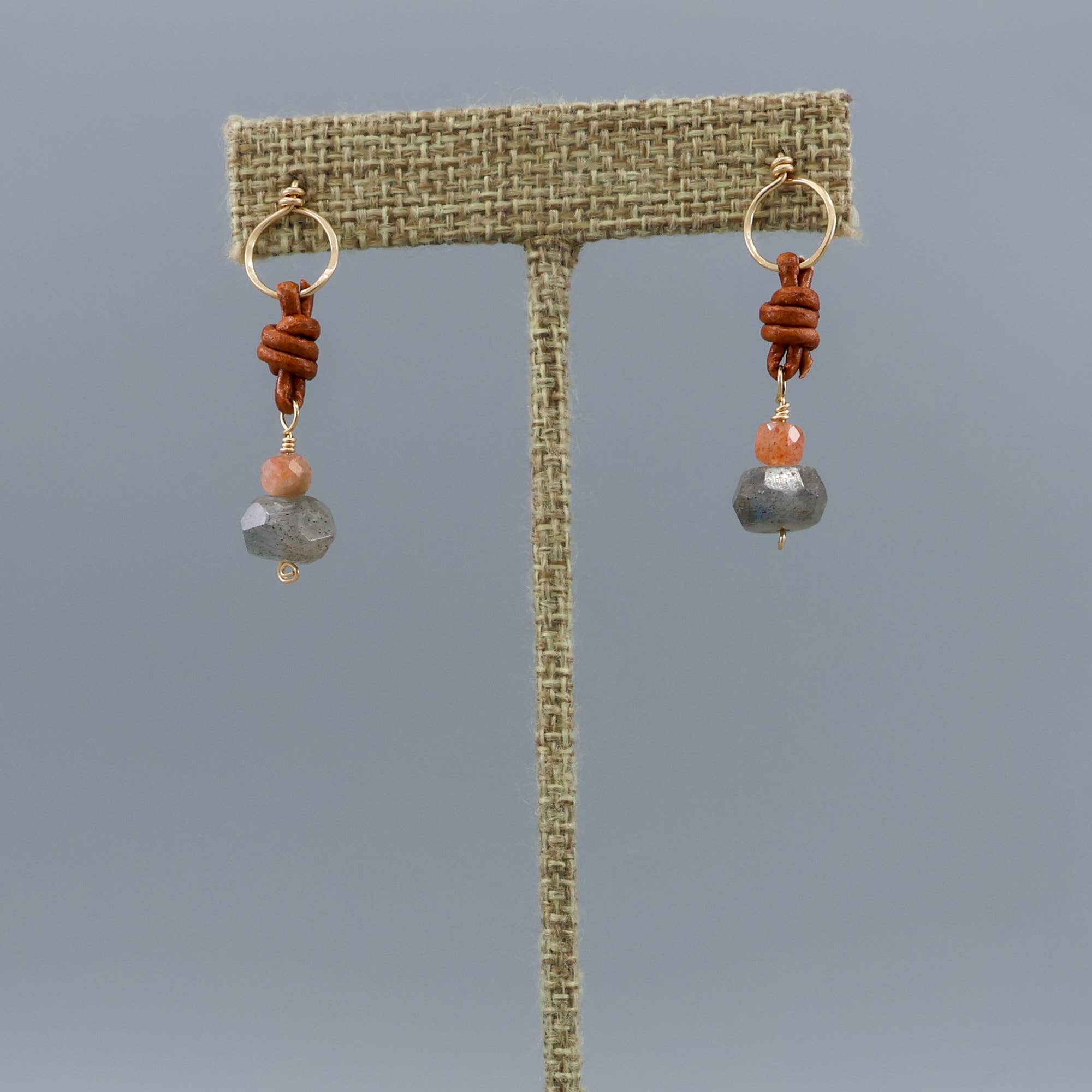 The Stitch Alliance - Wholesale Dangle Earrings - Labradorite & Sunstone Drop Earrings 14k Gold Fill Leather2