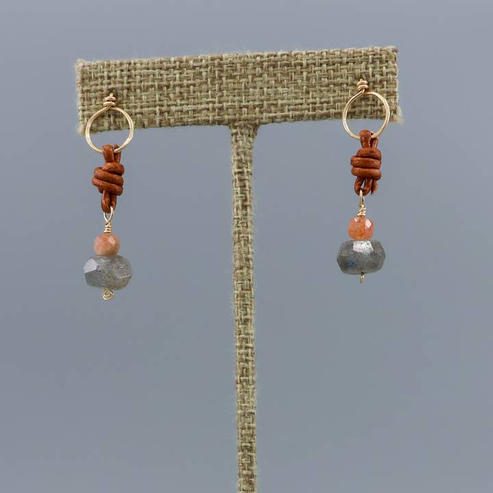 The Stitch Alliance - Wholesale Dangle Earrings - Labradorite & Sunstone Drop Earrings 14k Gold Fill Leather2