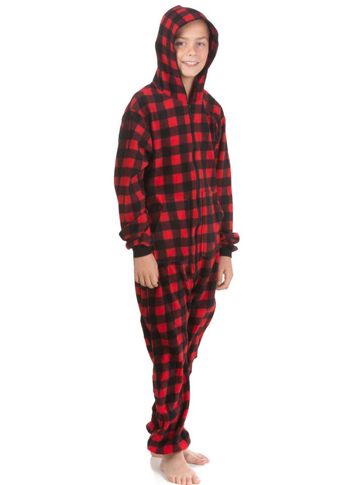Big Feet Pajamas - Venta al por mayor Enterizo - Niños - Pijama mono con capucha en forro polar a cuadros de búfalo4