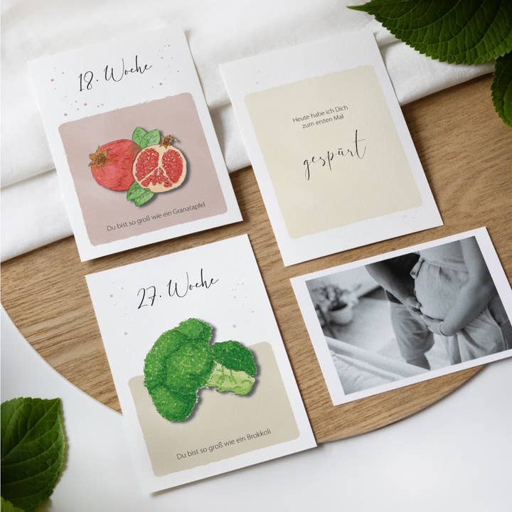Funkenbunt – wholesale Vardagliga hälsningskort – Graviditetskort med milstolpar – frukt och grönsaker | 52 kort5