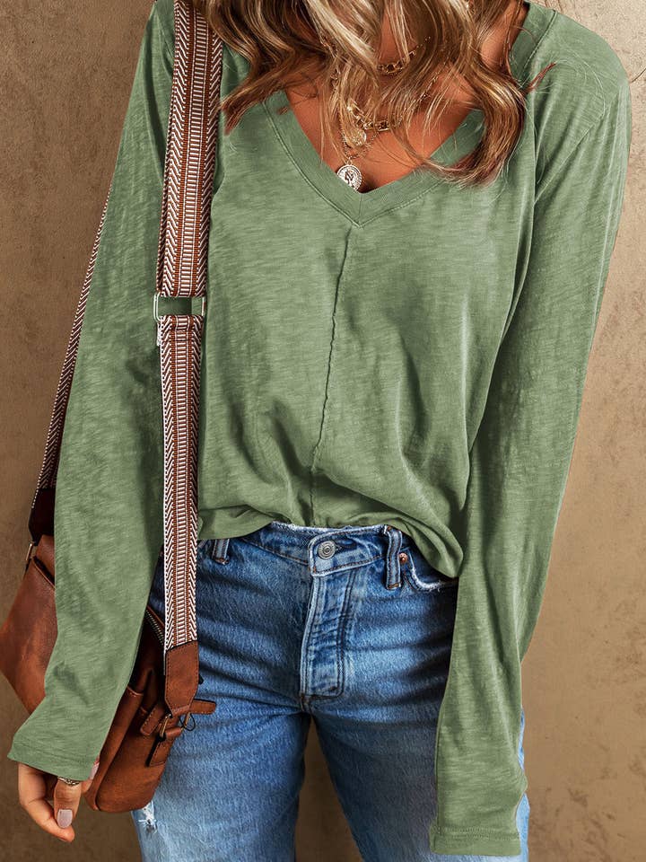 Grass Green Solid Color V Neck Long Sleeve Raw Edge Casual Loose T Shirt for wholesale on Faire2