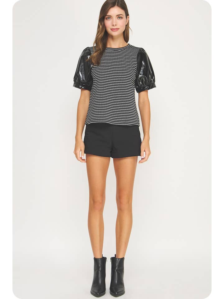 Strut & Bolt - Wholesale Blouse - Women's - Faux Leather Sleeve Texture Knit Tee Top18