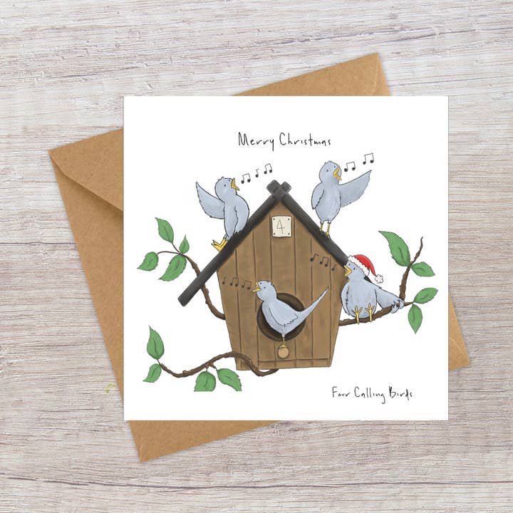 Four Calling Birds - Twelve Days of Christmas card for wholesale by Lucy Driver Illustration