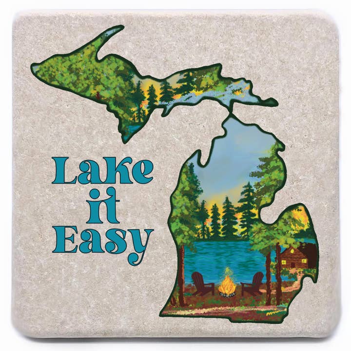 Michigan Campfire at Cabin on the Lake Painting Coaster for wholesale by Noomoon