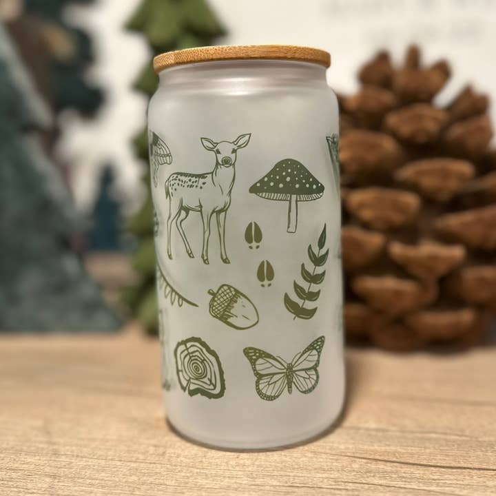 Woodland Frosted Can Glasses With Lid + Glass Straw for wholesale by Reclaimed Maine Co.