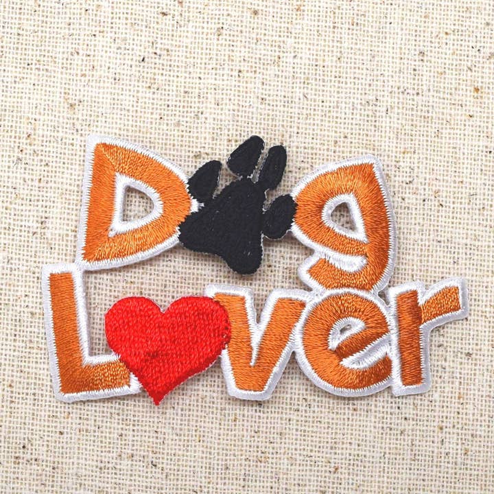 Dog Lover - Red Heart/Black Paw Print - Word - PEts - Embroidered Patch - Iron on Applique - 697058A for wholesale by Wholesale Applique