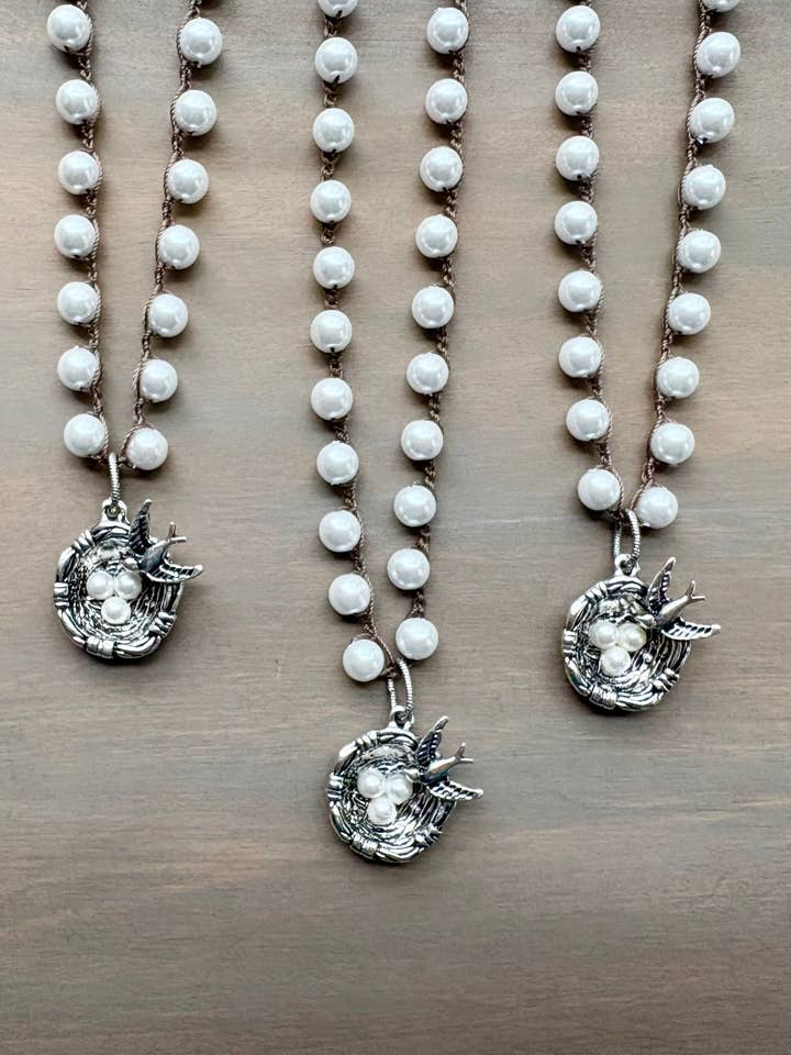 Pewter Vogelnest und gehäkelte Glasperlenkette für den Großhandel von Twist Style