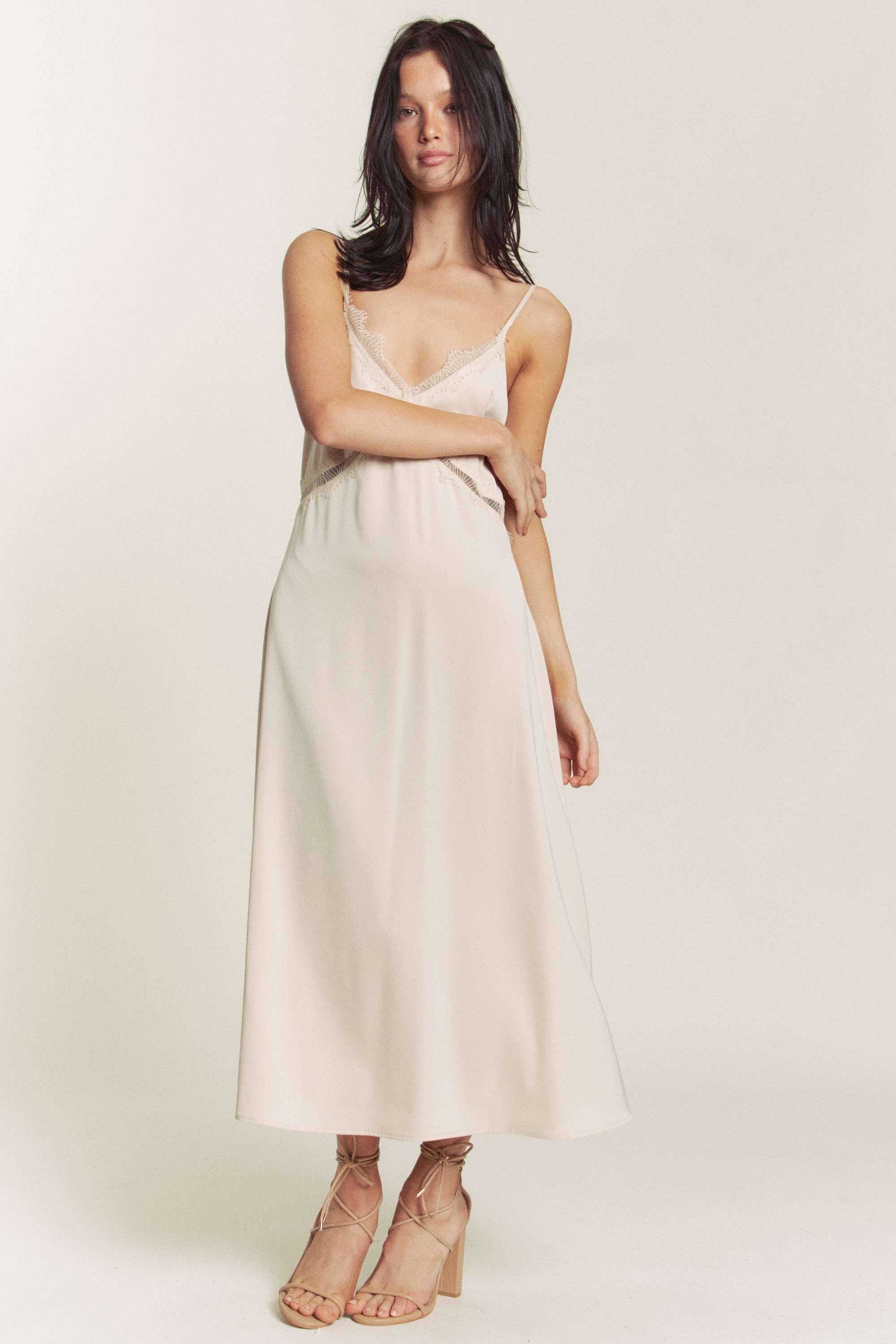 Hers & Mine - Wholesale Dress - Women's - SATIN SPAGHETTI STRAP X LACE TRIM MIDI DRESS6