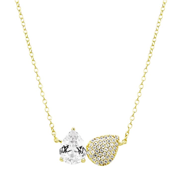 Collier en argent sterling à double poire CZ en argent sterling plaqué or pour la vente par Dlux Jewels
