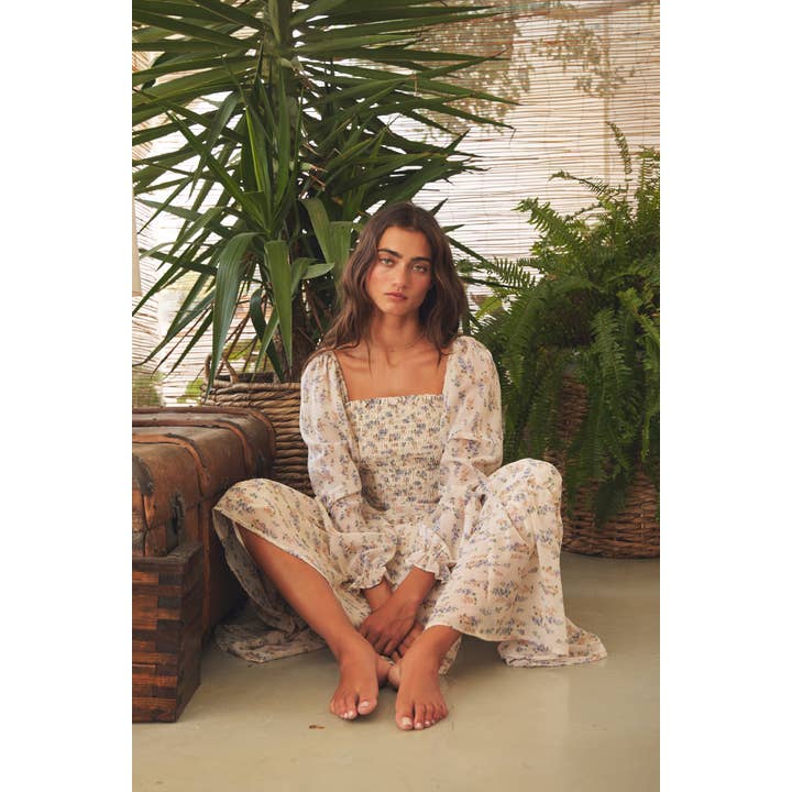 CREAM MULTI FLORAL PRINT SMOKED TIERED MIDI DRESS for wholesale on Faire